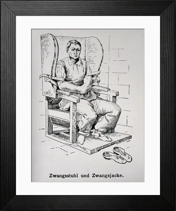 Framed Print : A mental ill patient in a straight jacket and strapped into a chair, 1908. Creator: Unknown Framed Print : A mental ill patient in a straight jacket and strapped into a chair, 1908. Creator: Unknown