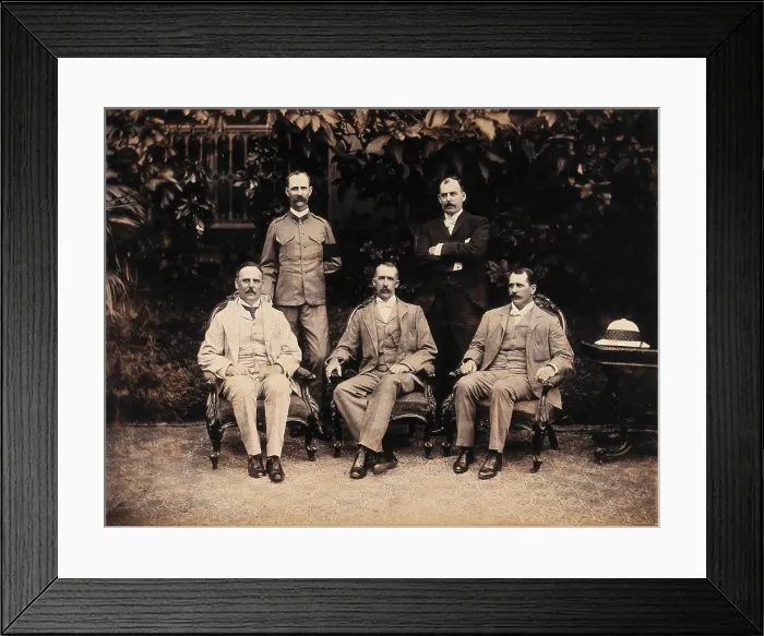 Framed Print : The five members of the Bombay Plague Committee, three sitting, two standing, 1897. Creator: Captain C Moss