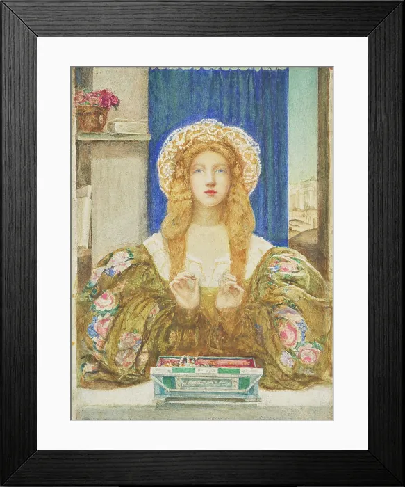 Framed Print : A young woman opening a jewel casket. Creator: Macallan Swan, Alice (1864-1939) Framed Print : A young woman opening a jewel casket. Creator: Macallan Swan, Alice (1864-1939)