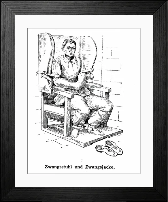 Framed Print : A mental ill patient in a straight jacket and strapped into a chair, 1908. Creator: Unknown Framed Print : A mental ill patient in a straight jacket and strapped into a chair, 1908. Creator: Unknown
