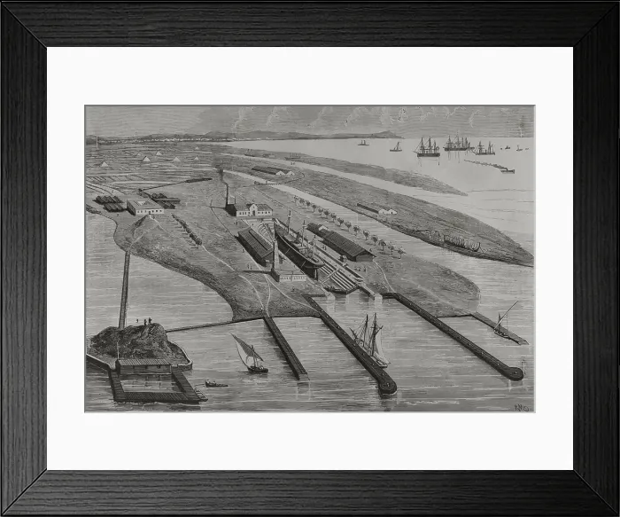 Framed Print : Panoramic view of the Carenas Dike of Messrs. A. Lopez y Cia. at Matagorda Beach, Cadiz, Spain, 1878. Creators: Rafael Monleon, Bernardo Rico Framed Print : Panoramic view of the Carenas Dike of Messrs. A. Lopez y Cia. at Matagorda Beach, Cadiz, Spain, 1878. Creators: Rafael Monleon, Bernardo Rico