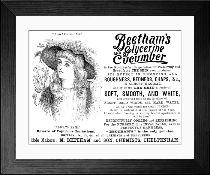 Framed Print : Advertisement for Beetham's Glycerine and Cucumber, 1890. Creator: Unknown Framed Print : Advertisement for Beetham's Glycerine and Cucumber, 1890. Creator: Unknown