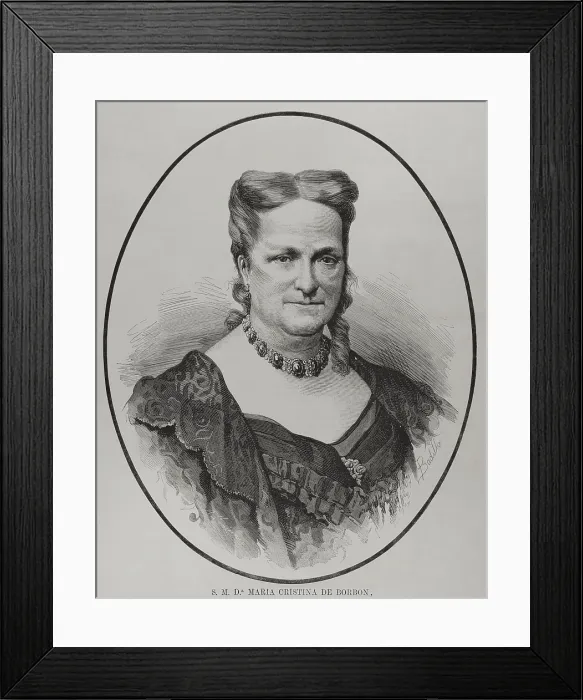Framed Print : Maria Cristina de Borbon of the Two Sicilies (1806-1878), Queen consort of Spain, 1878. Creators: Felix Badillo, Arturo Carretero y Sanchez Framed Print : Maria Cristina de Borbon of the Two Sicilies (1806-1878), Queen consort of Spain, 1878. Creators: Felix Badillo, Arturo Carretero y Sanchez