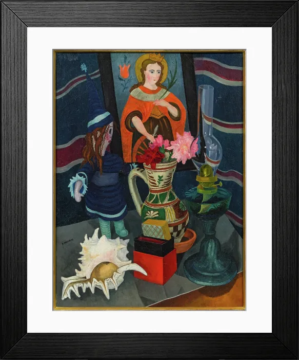 Framed Print : Still life with lamp, shell, doll and reverse glass painting, 1925. Creator: Wacker, Rudolf (1893-1939)