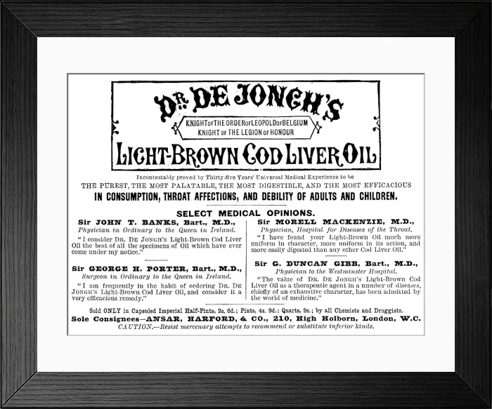Framed Print : Advertisement for Dr. de Jongh's Light-Brown Cod Liver Oil, 1890. Creator: Unknown Framed Print : Advertisement for Dr. de Jongh's Light-Brown Cod Liver Oil, 1890. Creator: Unknown