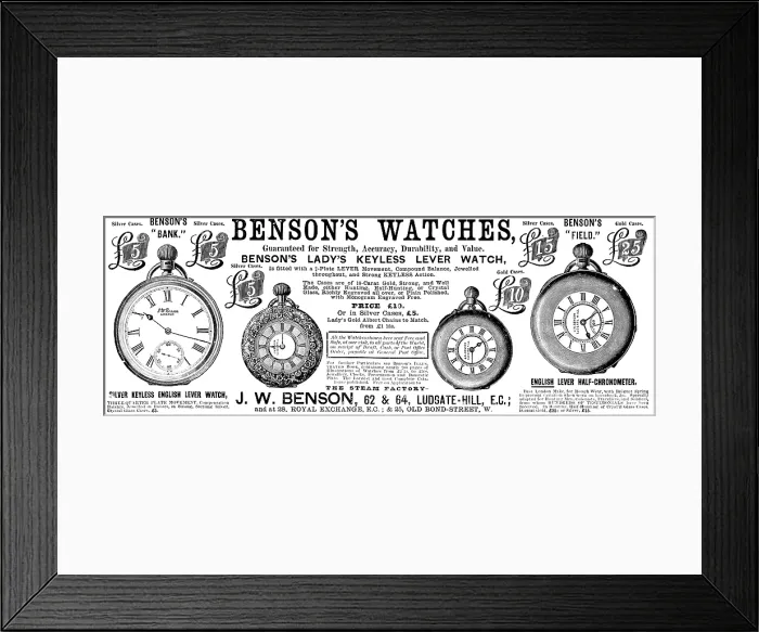 Framed Print : Advertisement for Benson's Watches, 1890. Creator: Unknown Framed Print : Advertisement for Benson's Watches, 1890. Creator: Unknown