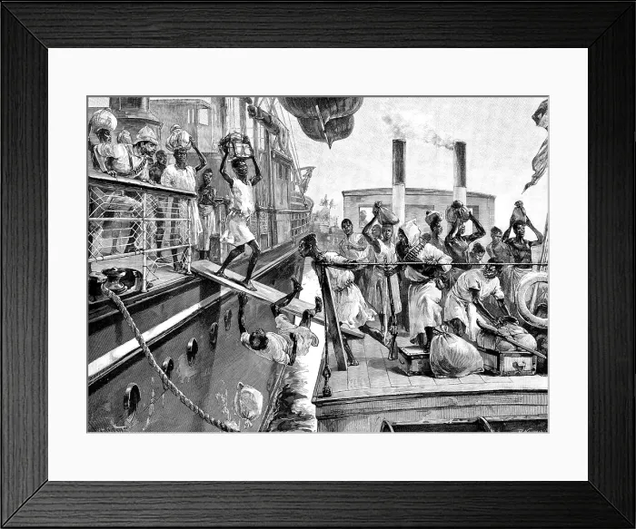 Framed Print : Emin Pasha Relief Expedition, Banana Point..transferring passengers to a Congo River steamboat, 1890 Creator: P Naumann Framed Print : Emin Pasha Relief Expedition, Banana Point..transferring passengers to a Congo River steamboat, 1890 Creator: P Naumann