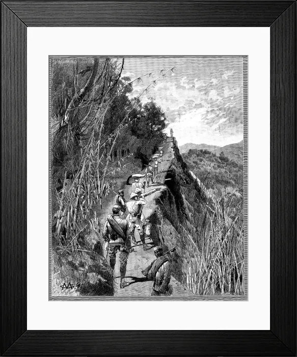 Framed Print : With the Lushai Expedition: coolies carrying bags of rice up a mountain path, 1890. Creator: R. Taylor Framed Print : With the Lushai Expedition: coolies carrying bags of rice up a mountain path, 1890. Creator: R. Taylor