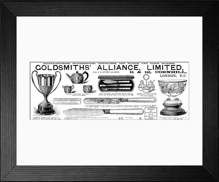 Framed Print : Advertisement for Goldsmith's Alliance Limited, 1890. Creator: Unknown Framed Print : Advertisement for Goldsmith's Alliance Limited, 1890. Creator: Unknown