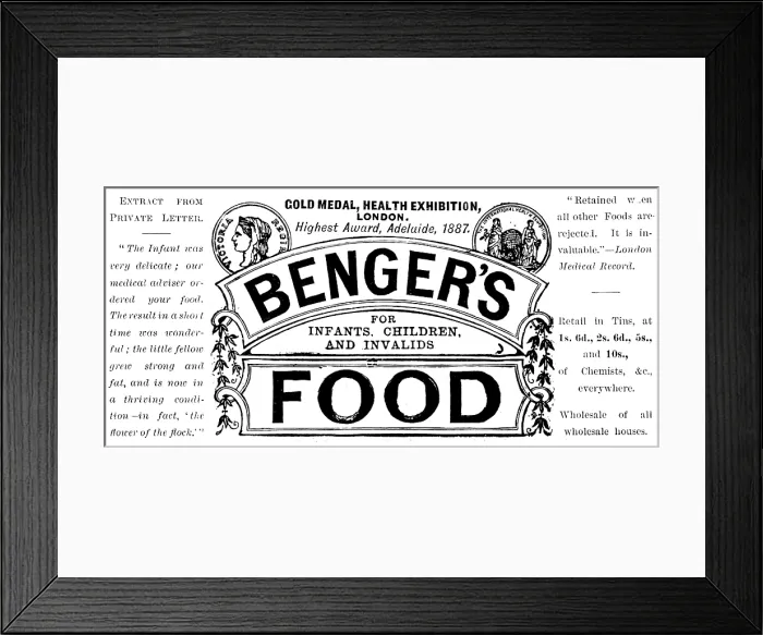 Framed Print : Advertisement for Benger's Food, 1890. Creator: Unknown Framed Print : Advertisement for Benger's Food, 1890. Creator: Unknown