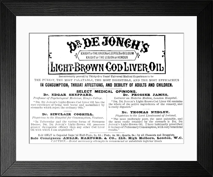 Framed Print : Advertisement for Dr. De Jongh's Light-Brown Cod Liver Oil, 1890. Creator: Unknown Framed Print : Advertisement for Dr. De Jongh's Light-Brown Cod Liver Oil, 1890. Creator: Unknown