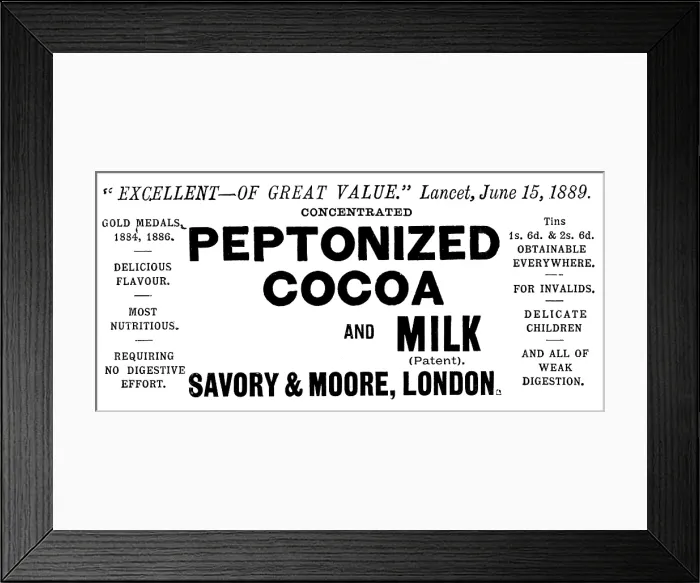 Framed Print : Advertisement for Peptonized Cocoa and Milk, 1890. Creator: Unknown Framed Print : Advertisement for Peptonized Cocoa and Milk, 1890. Creator: Unknown