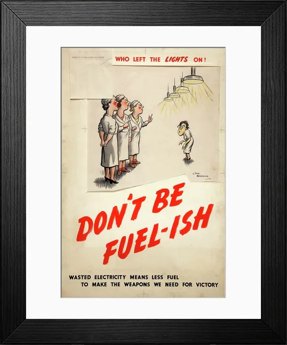 Framed Print : Fuel Economy: The worker who left the lights on - don't be fuel-ish Creators: Central Office of Information Framed Print : Fuel Economy: The worker who left the lights on - don't be fuel-ish Creators: Central Office of Information
