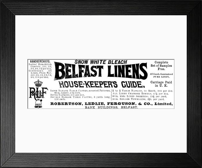 Framed Print : Advertisement for Belfast Linens, 1890. Creator: Unknown Framed Print : Advertisement for Belfast Linens, 1890. Creator: Unknown