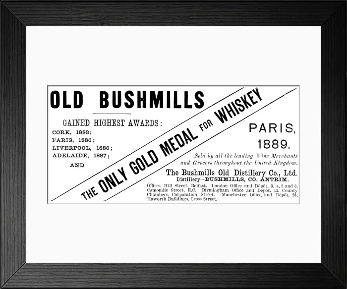 Framed Print : Advertisement for Old Bushmills Whiskey, 1890. Creator: Unknown Framed Print : Advertisement for Old Bushmills Whiskey, 1890. Creator: Unknown