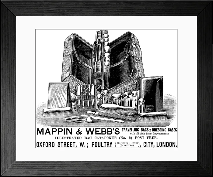 Framed Print : Advertisement for Mappin & Webb's Travelling Bags & Dressing Cases, 1890. Creator: Unknown Framed Print : Advertisement for Mappin & Webb's Travelling Bags & Dressing Cases, 1890. Creator: Unknown