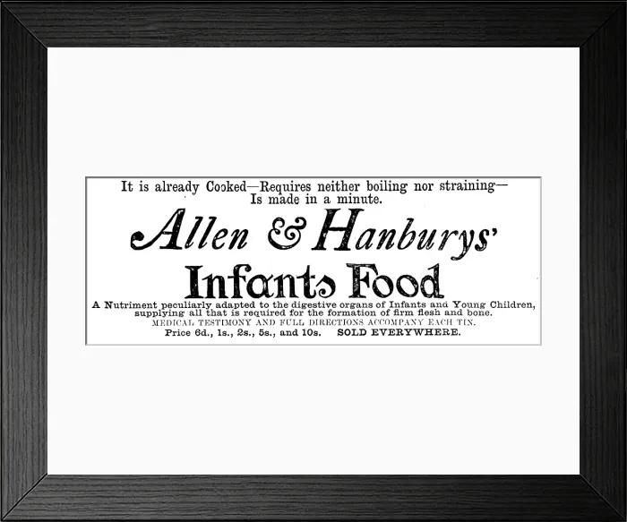Framed Print : Advertisement for Allen & Hanbury's Infants Food, 1890. Creator: Unknown Framed Print : Advertisement for Allen & Hanbury's Infants Food, 1890. Creator: Unknown