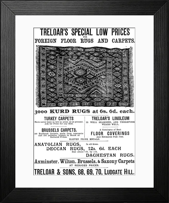 Framed Print : Advertisement for Treloar's Foreign Floor Rugs and Carpets, 1890. Creator: Unknown Framed Print : Advertisement for Treloar's Foreign Floor Rugs and Carpets, 1890. Creator: Unknown