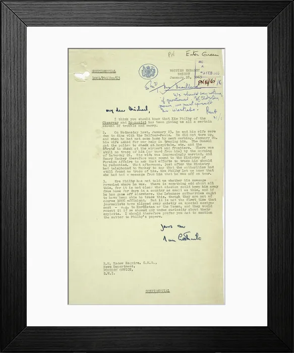 Framed Print : Letter on disappearance of MI6 agent Kim Philby on 23 January 1963. Creator: RM Hadow Framed Print : Letter on disappearance of MI6 agent Kim Philby on 23 January 1963. Creator: RM Hadow