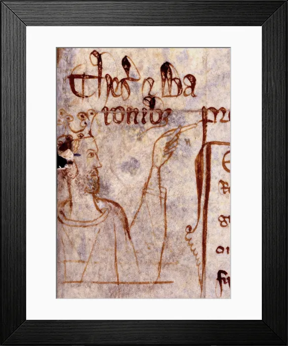 Framed Print : A stubbled King Edward I points to some lettering on a page from a memoranda roll, c1301. Creator: Unknown Framed Print : A stubbled King Edward I points to some lettering on a page from a memoranda roll, c1301. Creator: Unknown