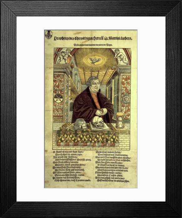 Framed Print : Coloured woodcut portrait of Martin Luther with verses in German, c1546. Creator: Unknown Framed Print : Coloured woodcut portrait of Martin Luther with verses in German, c1546. Creator: Unknown