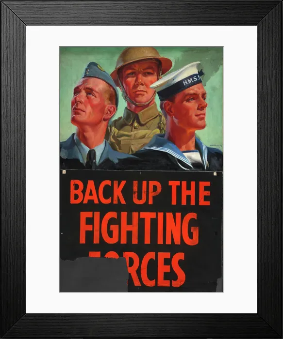 Framed Print : Back Up The Fighting Forces, World War II poster, c1939-c1945. Creator: Mackinlay. Back Up The Fighting Forces, World War II poster, c1939-c1945. Creator: Mackinlay Framed Print : Back Up The Fighting Forces, World War II poster, c1939-c1945. Creator: Mackinlay. Back Up The Fighting Forces, World War II poster, c1939-c1945. Creator: Mackinlay