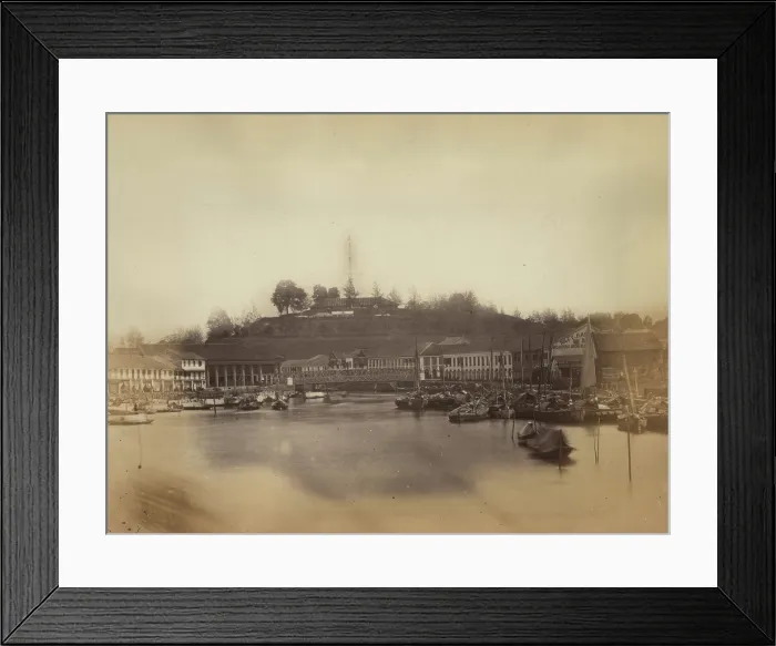 Framed Print : A view of Fort Canning from the Singapore River, between 1860 and 1900. Creator: Unknown