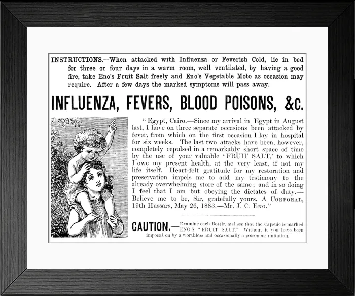 Framed Print : Advertisement for Eno's Fruit Salt and Eno's Vegetable Moto, 1890. Creator: Unknown Framed Print : Advertisement for Eno's Fruit Salt and Eno's Vegetable Moto, 1890. Creator: Unknown