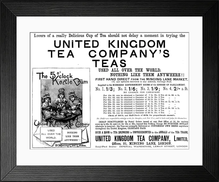 Framed Print : Advertisement for United Kingdom Tea Company's Teas, 1890. Creator: Unknown Framed Print : Advertisement for United Kingdom Tea Company's Teas, 1890. Creator: Unknown