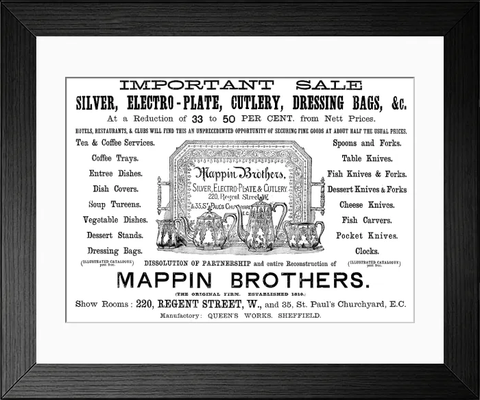 Framed Print : Advertisement for Mappin Brothers, 1890. Creator: Unknown Framed Print : Advertisement for Mappin Brothers, 1890. Creator: Unknown