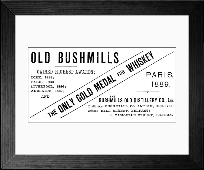 Framed Print : Advertisement for Old Bushmills Whiskey, 1890. Creator: Unknown Framed Print : Advertisement for Old Bushmills Whiskey, 1890. Creator: Unknown