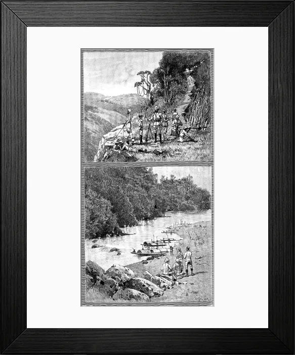 Framed Print : Lushai Expedition: signalling party with heliograph; encampment...on the Kurnafuli River, 1890. Creator: R. Taylor Framed Print : Lushai Expedition: signalling party with heliograph; encampment...on the Kurnafuli River, 1890. Creator: R. Taylor