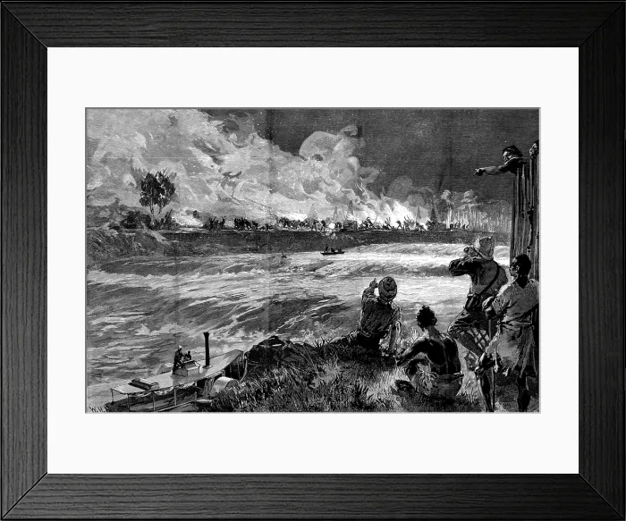 Framed Print : Stanley's Emin Pasha Relief Expedition: Arabs raiding a native village on the Aruwimi... 1890. Creator: William Heysham Overend Framed Print : Stanley's Emin Pasha Relief Expedition: Arabs raiding a native village on the Aruwimi... 1890. Creator: William Heysham Overend