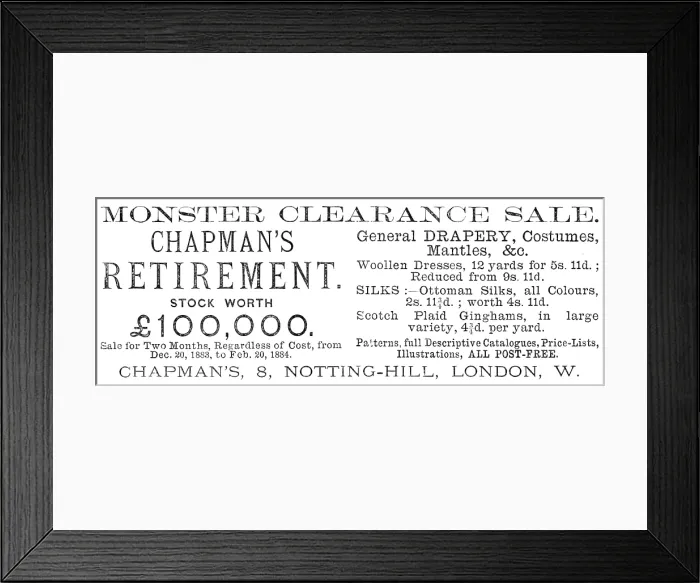 Framed Print : Chapman's Monster Clearance Sale, 1883. Creator: Unknown. Chapman's Monster Clearance Sale, 1883. Creator: Unknown Framed Print : Chapman's Monster Clearance Sale, 1883. Creator: Unknown. Chapman's Monster Clearance Sale, 1883. Creator: Unknown