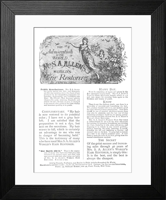 Framed Print : The Admiration of the World: Mrs. S. A. Allen's World's Hair Restorer is Perfection!, 1883. Creator: Unknown. The Admiration of the World: Mrs. S. A Framed Print : The Admiration of the World: Mrs. S. A. Allen's World's Hair Restorer is Perfection!, 1883. Creator: Unknown. The Admiration of the World: Mrs. S. A