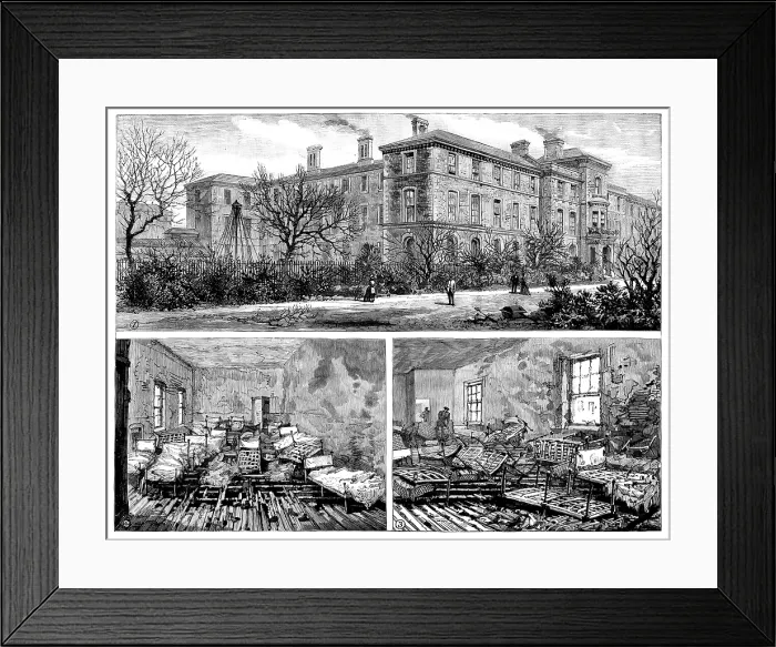Framed Print : Fire at Forest Gate...School...: general view and dormitories where children were suffocated, 1890. Creator: Unknown Framed Print : Fire at Forest Gate...School...: general view and dormitories where children were suffocated, 1890. Creator: Unknown