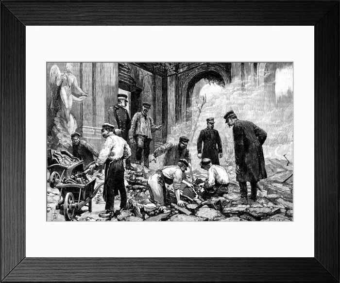 Framed Print : The Royal Palace of Laeken, Brussels, destroyed by fire: searching for valuables, 1890. Creator: R. Taylor Framed Print : The Royal Palace of Laeken, Brussels, destroyed by fire: searching for valuables, 1890. Creator: R. Taylor