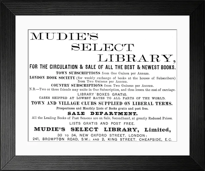 Framed Print : Advertisement for Mudie's Select Library, 1890. Creator: Unknown Framed Print : Advertisement for Mudie's Select Library, 1890. Creator: Unknown
