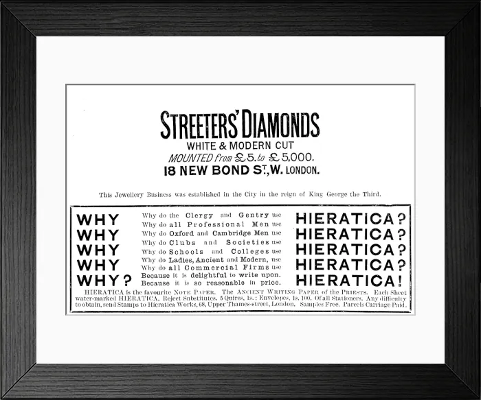 Framed Print : Advertisements for Streeters Diamonds and Hieratica Note Paper, 1890. Creator: Unknown. Advertisements for Streeters Diamonds and Hieratica Note Paper, 1890 Framed Print : Advertisements for Streeters Diamonds and Hieratica Note Paper, 1890. Creator: Unknown. Advertisements for Streeters Diamonds and Hieratica Note Paper, 1890