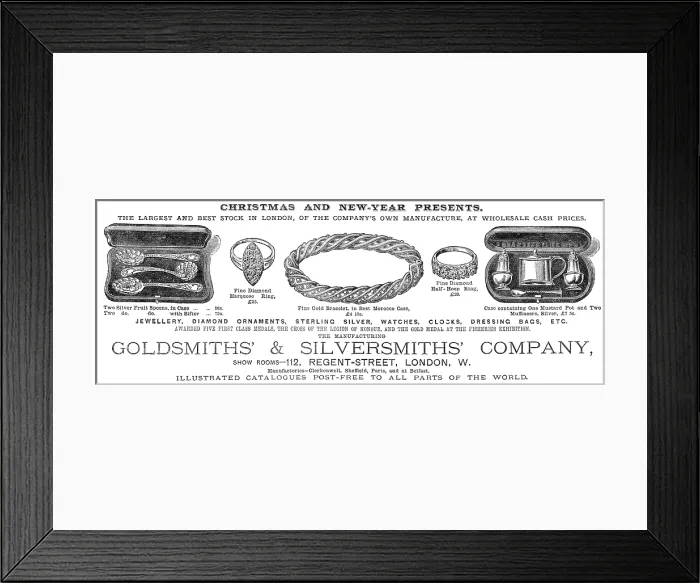 Framed Print : Advertisement for the Goldsmiths & Silversmiths Company, 1883. Creator: Unknown. Advertisement for the Goldsmiths & Silversmiths Company, 1883 Framed Print : Advertisement for the Goldsmiths & Silversmiths Company, 1883. Creator: Unknown. Advertisement for the Goldsmiths & Silversmiths Company, 1883