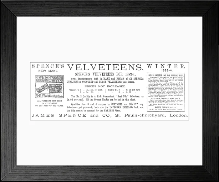 Framed Print : Spence's Velveteens, 1883. Creator: Unknown. Spence's Velveteens, 1883. Creator: Unknown Framed Print : Spence's Velveteens, 1883. Creator: Unknown. Spence's Velveteens, 1883. Creator: Unknown