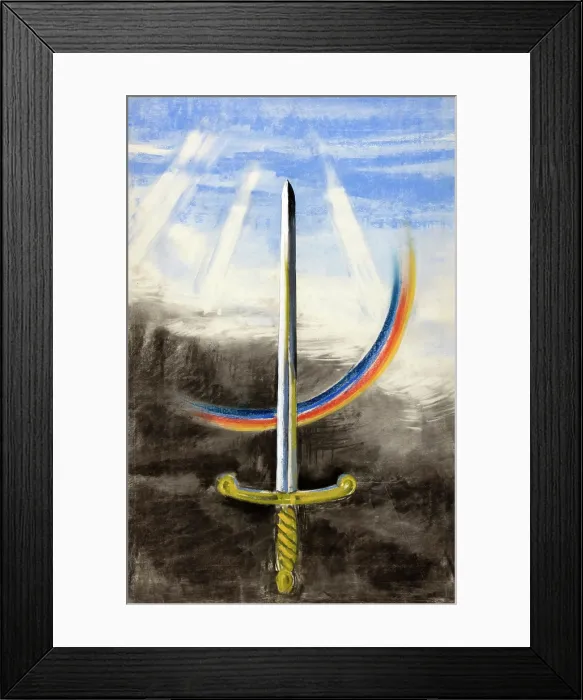 Framed Print : A sword pointing vertically upwards, on a section of rainbow, between 1939 and 1946. Creators: Unknown, Central Office of Information Framed Print : A sword pointing vertically upwards, on a section of rainbow, between 1939 and 1946. Creators: Unknown, Central Office of Information