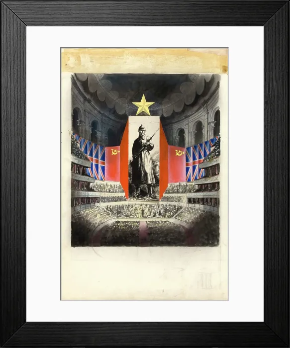 Framed Print : Concert hall [Albert Hall?] and orchestra against picture of Russian infantryman, (c1943?). Creators: Central Office of Information, Unknown