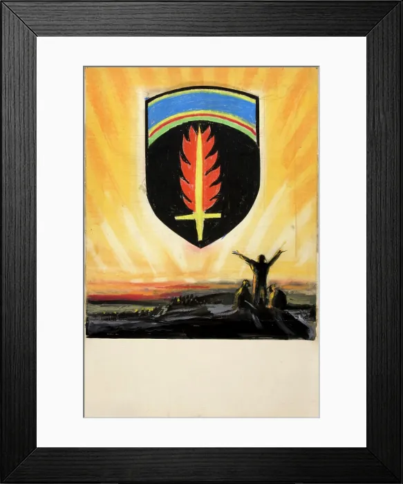 Framed Print : Unity of Strength WWII poster: Shield with flaming sword on golden sky... between 1939 and 1946. Creators: Central Office of Information, Unknown Framed Print : Unity of Strength WWII poster: Shield with flaming sword on golden sky... between 1939 and 1946. Creators: Central Office of Information, Unknown