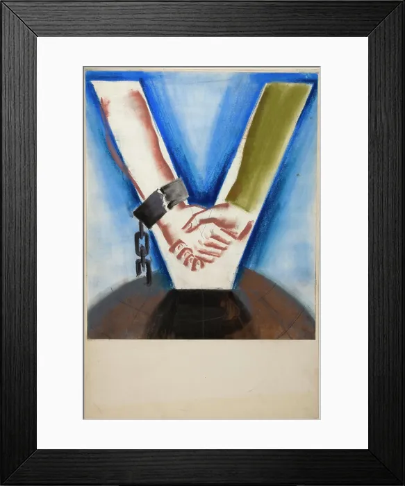 Framed Print : Arms with hands clasped, the arms forming a V-shape, superimposed on globe, between 1939 and 1946. Creators: Unknown, Central Office of Information Framed Print : Arms with hands clasped, the arms forming a V-shape, superimposed on globe, between 1939 and 1946. Creators: Unknown, Central Office of Information