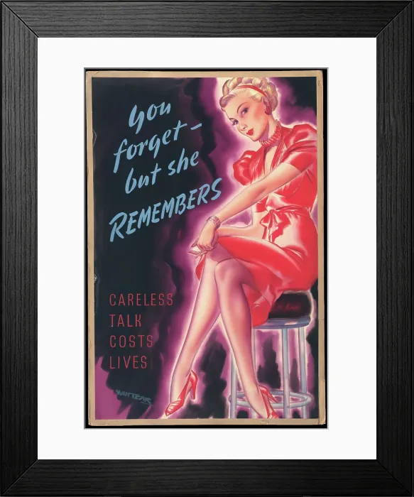 Framed Print : Careless Talk Costs Lives - You Forget, But She Remembers, World War II poster, c1939-c1945 Framed Print : Careless Talk Costs Lives - You Forget, But She Remembers, World War II poster, c1939-c1945