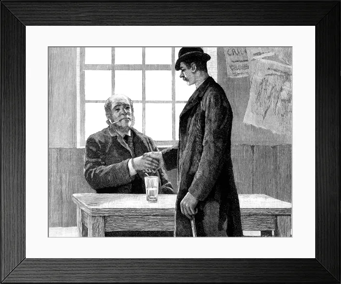 Framed Print : He found Dawson...smoking a pipe, and drinking hot brandy-and-water, 1883. Creator: R. Taylor Framed Print : He found Dawson...smoking a pipe, and drinking hot brandy-and-water, 1883. Creator: R. Taylor