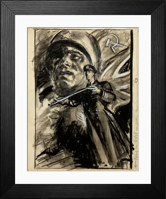 Framed Print : Officer presenting sword; head of Russian soldier with Red Flag and Union Jack, between 1939 & 1946. Creators: Central Office of Information, Unknown Framed Print : Officer presenting sword; head of Russian soldier with Red Flag and Union Jack, between 1939 & 1946. Creators: Central Office of Information, Unknown