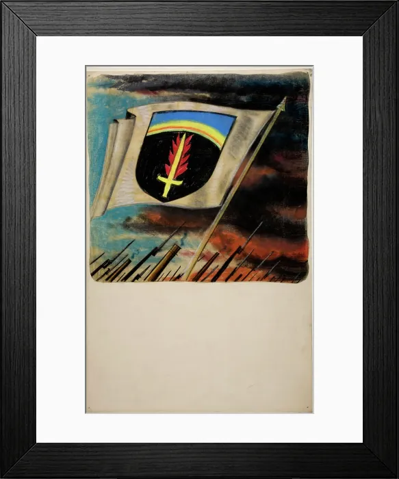 Framed Print : Flag, with flaming sword on shield motif, between 1939 and 1946. Creators: Unknown, Central Office of Information Framed Print : Flag, with flaming sword on shield motif, between 1939 and 1946. Creators: Unknown, Central Office of Information