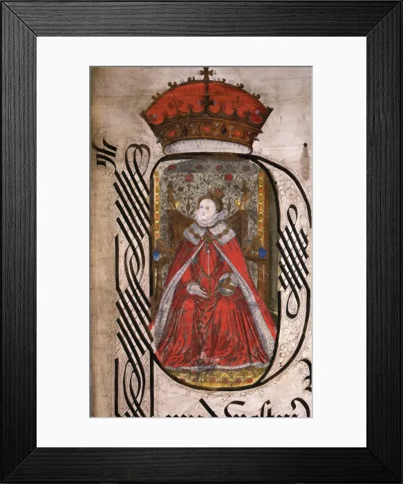 Framed Print : Initial detail and portrait of Queen Elizabeth I of England, Coram Rege Rolls, 1572. Creator: Unknown Framed Print : Initial detail and portrait of Queen Elizabeth I of England, Coram Rege Rolls, 1572. Creator: Unknown